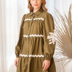 Chic Olive Long Sleeve Dress with White Details